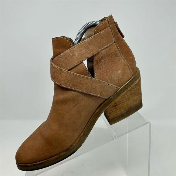 Eileen Fisher Ankle Booties Camel Tan Brown Leather Size 8 Strappy Back Zipper - Picture 3 of 15